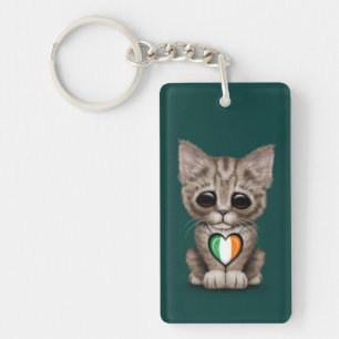 Cute Kitten Cat met Irish Flag Heart, blauwgroen Sleutelhanger