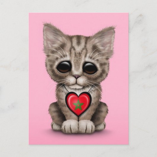 Cute Kitten Cat met Marokkaans vlaggenhart, roze Briefkaart (Voorkant)