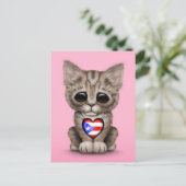 Cute Kitten Cat met Puerto Rico Flag Heart, roze Briefkaart (Staand voorkant)