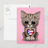 Cute Kitten Cat met Puerto Rico Flag Heart, roze Briefkaart (Voorkant / Achterkant)