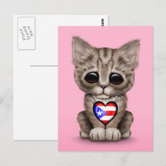Cute Kitten Cat met Puerto Rico Flag Heart, roze Briefkaart (Voorkant / Achterkant)