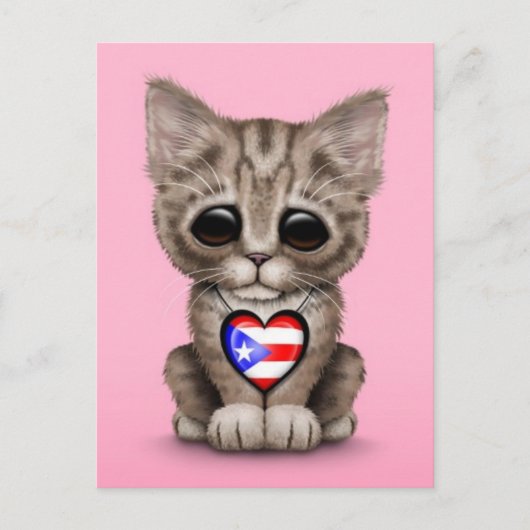 Cute Kitten Cat met Puerto Rico Flag Heart, roze Briefkaart (Voorkant)