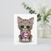 Cute Kitten Cat met Puerto Rico Flag Heart, wit Briefkaart (Staand voorkant)