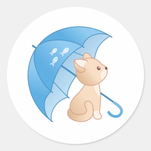 Cute Kitten Cat onder Blue Umbrella Classic Round Ronde Sticker (Voorkant)