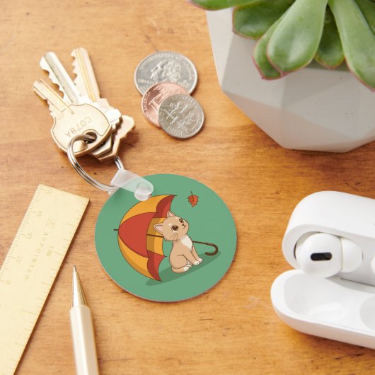 Cute Kitten Cat Red Yellow Umbrella Fall Green Sleutelhanger (Bureau)