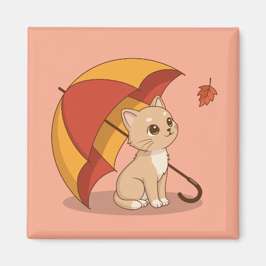 Cute Kitten Cat Red Yellow Umbrella Fall Pink Magneet (Voorkant)