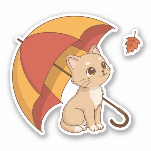 Cute Kitten Cat Red Yellow Umbrella Fall Sticker (Voorkant)