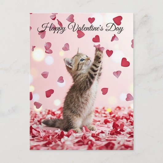 Cute Kitten Catching Valentine Heart Petals Briefkaart (Voorkant)