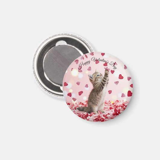 Cute Kitten Catching Valentine Heart Petals Magneet (Voorkant / Achterkant)