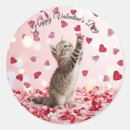 Cute Kitten Catching Valentine Heart Petals Ronde Sticker