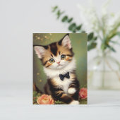 Cute Kitten die een Bow droeg.  olieverf. Briefkaart (Staand voorkant)