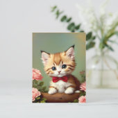 Cute Kitten die een Rode Bow droeg. Olieverf. Briefkaart (Staand voorkant)