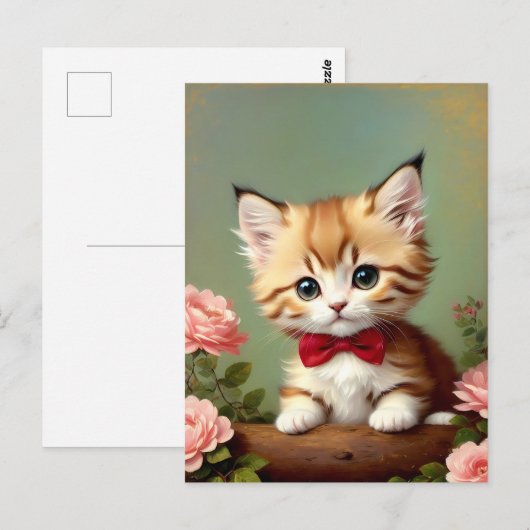 Cute Kitten die een Rode Bow droeg. Olieverf. Briefkaart (Voorkant / Achterkant)