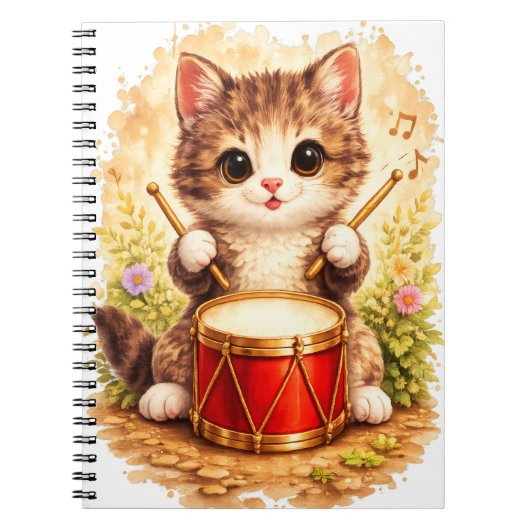 Cute Kitten Drum Spiral Notebook Kawaii Notitieboek (Voorkant)
