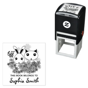 Cute Kitten en Bunny Girls Kids Ex Libris Zelfinktende Stempel