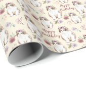Cute Kitten en Flowers Birthday Cadeaupapier (Rol Hoek)