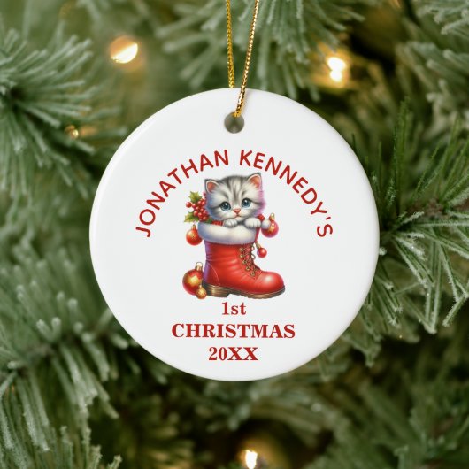 Cute Kitten First Christmas Personalized Keramisch Ornament (Boom)