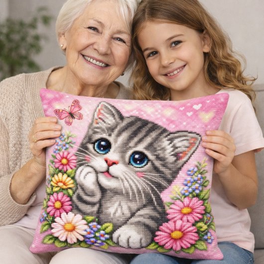 Cute Kitten Floral Cross Stitch Throw Pillow Kussen