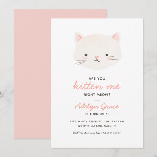 Cute Kitten Girl Birthday Uitnodiging (Voorkant / Achterkant)