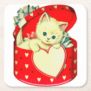 Cute Kitten Heart  Cat Retro Kat Kartonnen Onderzetters