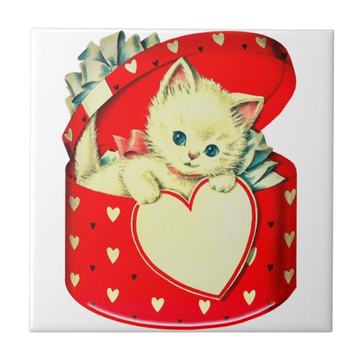 Cute Kitten Heart Cat Retro Kat Tegeltje (Voorkant)