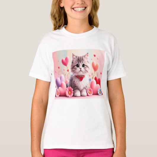 Cute kitten hearts flowers t-shirt (Voorkant)