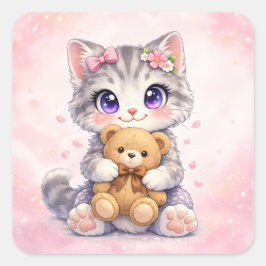 Cute Kitten Hugging Teddy Bear Square Sticker