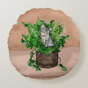 Cute Kitten in Catnip Antiek Pot Rond Kussen