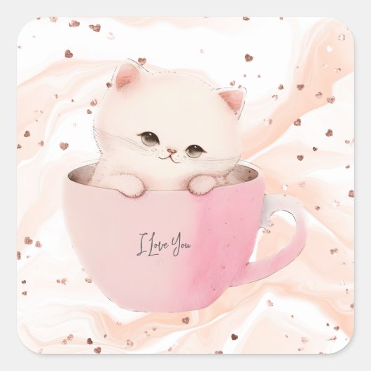 Cute Kitten in een Teacup Vierkante Sticker (Voorkant)