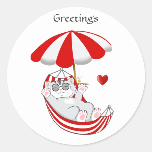 Cute Kitten in Red & White Hammock Greetings Ronde Sticker (Voorkant)