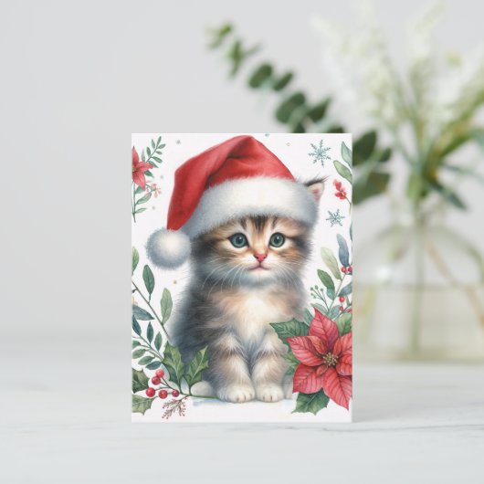 Cute Kitten In Santa Hat Christmas Postcard Briefkaart (Staand voorkant)