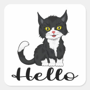 Cute Kitten Kat Cartoon Black Cat Hallo Square S Vierkante Sticker