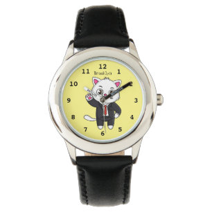 Cute kitten kat in business suit cartoon horloge