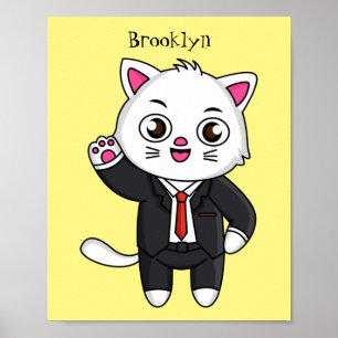 Cute kitten kat in business suit cartoon poster