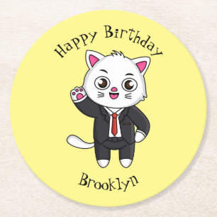 Cute kitten kat in business suit cartoon ronde kartonnen onderzetter