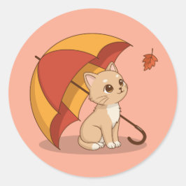 Cute Kitten Kat Rood Geel Paraplu Herfst Roze Ronde Sticker