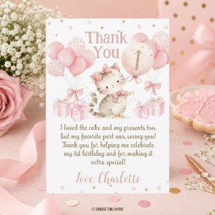 Cute Kitten Kat Roze Ballonnen 1e 2e 3e Verjaardag Bedankkaart