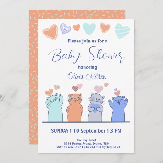 Cute Kitten Kitty Cats Hearts Baby shower Kaart (Voorkant / Achterkant)