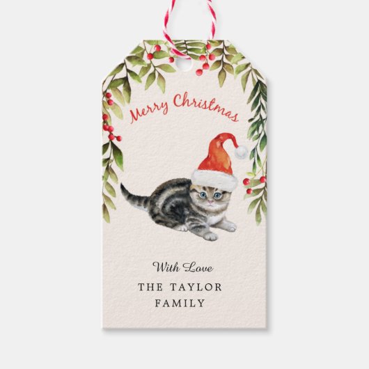 Cute Kitten Merry Santa Hat Cat Lovers Cadeaulabel (Voorkant)