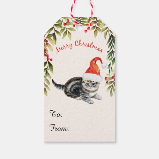 Cute Kitten Merry Santa Hat Cat Lovers Cadeaulabel (Achterkant)