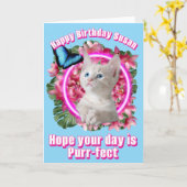 Cute Kitten met blauwe vlinder op neon tropisch Kaart (Gele Bloem)