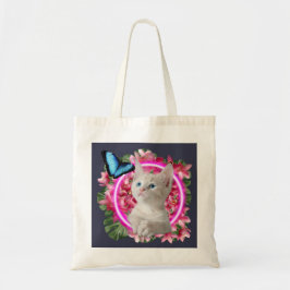 Cute Kitten met blauwe vlinder op neontropisch Grote Tote Bag