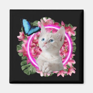 Cute Kitten met blauwe vlinder op neontropisch Magneet