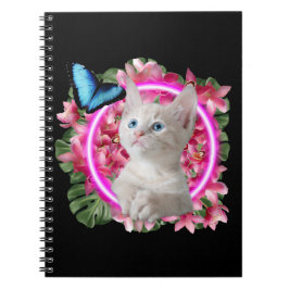 Cute Kitten met blauwe vlinder op neontropisch Notitieboek