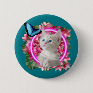 Cute Kitten met blauwe vlinder op neontropisch Ronde Button 5,7 Cm