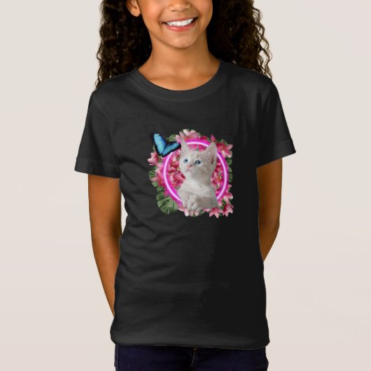 Cute Kitten met blauwe vlinder op neontropisch T-shirt (Voorkant)