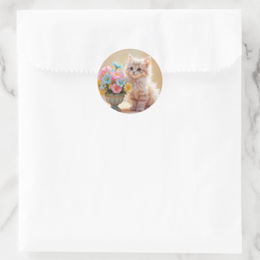Cute Kitten met Pastelkleurige Bloemen Ronde Sticker (Tas)