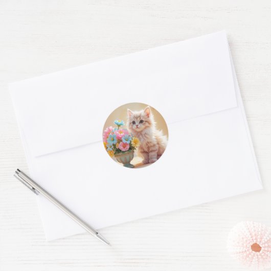 Cute Kitten met Pastelkleurige Bloemen Ronde Sticker (Envelop)