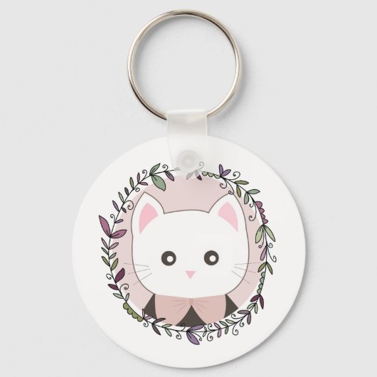 Cute Kitten, omgevormd door bloemen Sleutelhanger (Voorkant)