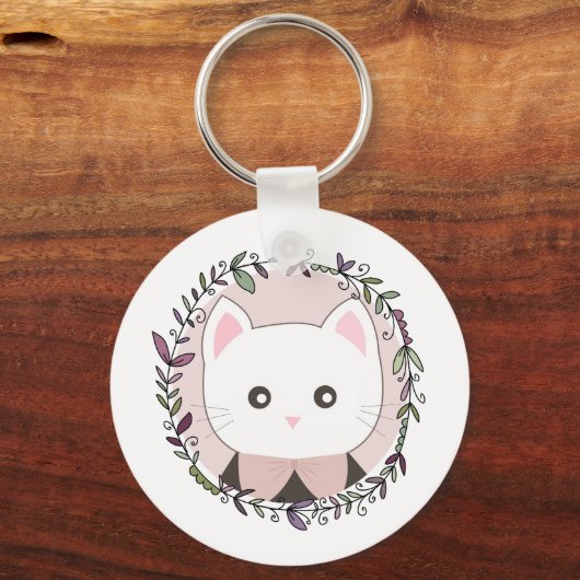 Cute Kitten, omgevormd door bloemen Sleutelhanger (Voorkant)